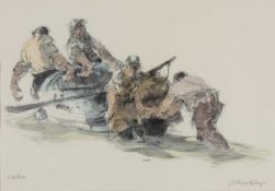 ‡ WILLIAM SELWYN limited edition (218/500) print - fishermen launching boat, signed and numbered