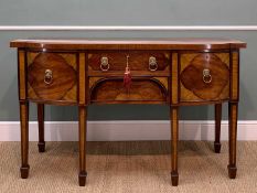 GEORGE III MAHOGANY & SATINWOOD BOWFRONT SIDEBOARD, two central frieze drawers flanked by deep