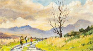 HEATHER CRAIGMILE (British b. 1925) oil on board - walkers on mountain path, signed, 19 x 34cms