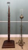TWO STANDARD LAMPS comprising Art Nouveau gilt brass oil lamp with whiplash tripod base and