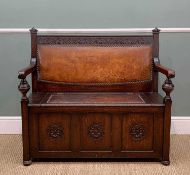 ANTIQUE OAK SETTLE/HALL SEAT, high upholstered back panel, hinged upholstered seat, storage