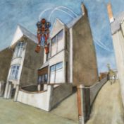 PHILIP MUIRDEN (Welsh 1932 - 2023) large mixed media - suburban scene with science fiction element