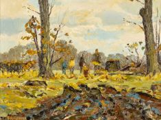 ‡ KEITH GARDNER (English b.1933) oil on board - entitled verso 'Felling Trees Arrow Park', signed,