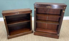 TWO REPRODUCTION REGENCY STYLE OPEN BOOKCASES with brass appliqués to the frieze and reeded