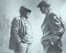 ‡ ANEURIN JONES (Welsh 1930-2017) print - farmers talking with hands in pockets, 35 x 44cms