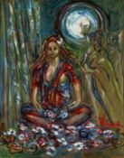 ‡ ANDREW VICARI (Welsh b.1932) oil on canvas - Odalisque seated with flowers, signed, 49 x 39cms