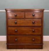 LATE 19TH CENTURY MAHOGANY CHEST, fitted five drawers on compressed bun feet, 104 (h) x 97 (w) x