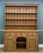 ANTIQUE PINE WELSH DRESSER, boarded rack with waterfall sides, above base fitted three frieze