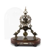 SKELETON CLOCK, single fusee movement on mother of pearl inlaid rosewood base under glass dome,