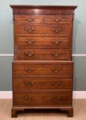 GEORGE III OAK AND MAHOGANY CROSSBANDED CHEST ON CHEST, dentil cornice, canted angles, 187 (h) x 106