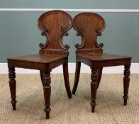 PAIR VICTORIAN MAHOGANY HALL CHAIRS with scroll backs and tapering square section solid seat on