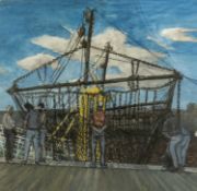PHILIP MUIRDEN (Welsh 1932 - 2023) mixed media - figures on a dockside, signed, 55 x 56cms