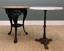 TWO CAST IRON PUB/BISTRO TABLES, grey-veined marble top with tapering reeded column on tripod