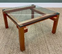 MID-CENTURY JOHN MAKEPIECE OBE COFFEE TABLE, square table, pine frame, glass top, 35 (h) x 64 (w)
