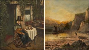 EARLY TWENTIETH CENTURY oils on canvas - lady at table in traditional Welsh dress, indistinctly