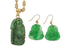 PAIR OF CHINESE JADEITE BUDAI EARRINGS together with a nephrite Shoulao pendant in yellow metal