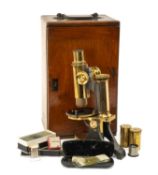 19TH C. BAKER BRASS MONOCULAR MICROSCOPE, retailed by Baker, 244 High Holborn, London, complete with