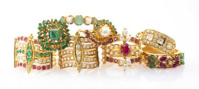 GROUP OF EIGHT YELLOW METAL MULTI-GEM SET RINGS, of various size and design, 47.4gms gross (8)
