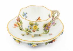 SMALL MEISSEN PORCELAIN CABINET CUP & STAND, floral-encrusted on lobed body painted with floral