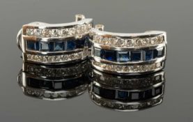 PAIR OF 18K WHITE GOLD SAPPHIRE & DIAMOND HALF HOOP EARRINGS, stamped '18K' and '750', 8.7gms