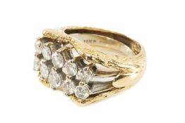 TWO PIECE YELLOW & WHITE METAL DIAMOND RING, the inner ring stamped '14KP' and having two rows of