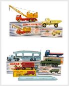 SIX DINKY DIECAST TRUCKS, comprising 972 20-Ton Lorry Mounted Crane, and 965 EUCLID Rear Dump Truck,