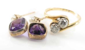 18CT GOLD TWO STONE DIAMOND RING, twist shank, claw set, 0.4cts overall approx., together with