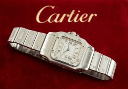 CARTIER SANTOS LADIES STAINLESS STEEL WRISTWATCH, Ref. 1565, the signed square dial with Roman