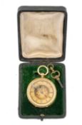 18K GOLD OPEN FACE POCKET WATCH, overall scroll and foliate engraved, Roman numeral chapter ring,
