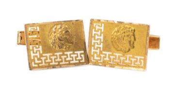PAIR 14CT GOLD VERSACE-STYLE CUFFLINKS, hinged rectangular panels decorated with Classical youth