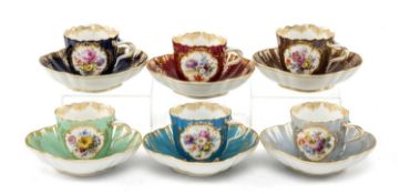 GOOD SET OF SIX MEISSEN PORCELAIN QUATREFOIL CABINET CUPS & STANDS, en suite to the previous lot, in