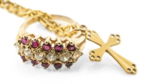 YELLOW METAL CROSS PENDANT ON CHAIN together with a dress ring set with white and pink gem stones,