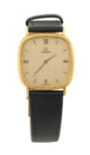 OMEGA 18CT GOLD DRESS WATCH, quartz movement, the square dial with Roman numerals, dagger hands,
