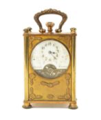 FRENCH BOUDOIR CARRIAGE TIMEPIECE, c. 1900, the brass panels decorated with figural and floral