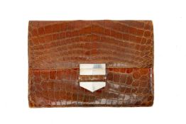RARE VINTAGE HERMES CROCODILE PAN CLUTCH BAG having white metal clasp stamped Hermes Paris, marked