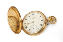9CT GOLD FULL HUNTER POCKET WATCH, the stepped white enamel dial marked J. W. Benson London with