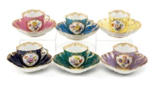 GOOD SET OF SIX MEISSEN PORCELAIN QUATREFOIL CABINET CUPS & STANDS, en suite to the following lot,