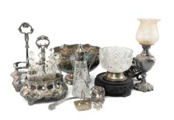 ASSORTED SILVER PLATE including cruet stand associated glass bottles, punch bowl, claret jug, oil