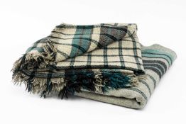 TWO WELSH NARROW LOOM WOOL BLANKETS, woven in teal, cream, grey and black, fringes (2) Provenance: