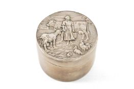 CONTINENTAL SILVER BOX & COVER, probably Dutch, circular form, the heavy gauge cover decorated