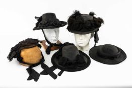 VICTORIAN STRAW BONNETS & LACE CAP, all black, comprising a pair with satin brim borders and satin