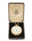 18CT GOLD KEYLESS WIND CHRONOGRAPH POCKET WATCH, the stepped white enamel dial with Roman