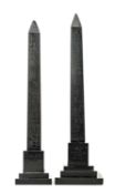 PAIR VICTORIAN DERBYSHIRE SLATE OBELISK SOUVENIRS, etched with hieroglyphs, the bases inscribed '