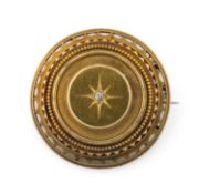 15CT GOLD & DIAMOND ETRUSCAN REVIVAL MOURNING BROOCH, 3.5cms diam. 15.6g Provenance: private