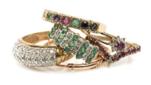 FIVE 9CT GOLD RINGS of various design, multi-gem set, with one earring, 12.2gms gross (6)