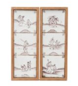 GROUP OF SIX 18TH C. MANGANESE DELFT TILES, displayed in two wooden box frames, depicting: David &