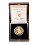 1998 GOLD PROOF SOVEREIGN, encapsulated in case of issue with COA no. 1100, 7.9g Provenance: private
