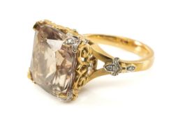 18CT RHONDA FABER GREEN ZULTANITE RING, cushion cut stone 14 x 14mm, with 30 small round brilliant