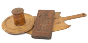 GROUP OF TREEN, including Dutch double sided gingerbread mould featuring a standing man with flag