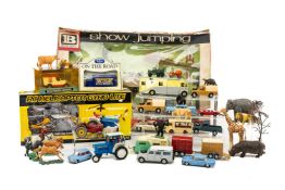 COLLECTION OF DIE CAST VEHICLES AND BRITAINS SHOW JUMPING MODEL SET, various plastic farm and zoo